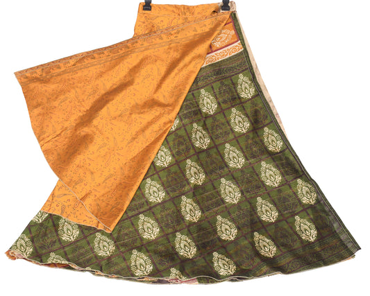 Sushila Vintage Henna Green Art Silk Saree Magic Wrap Reversible Skirt Beach Dress