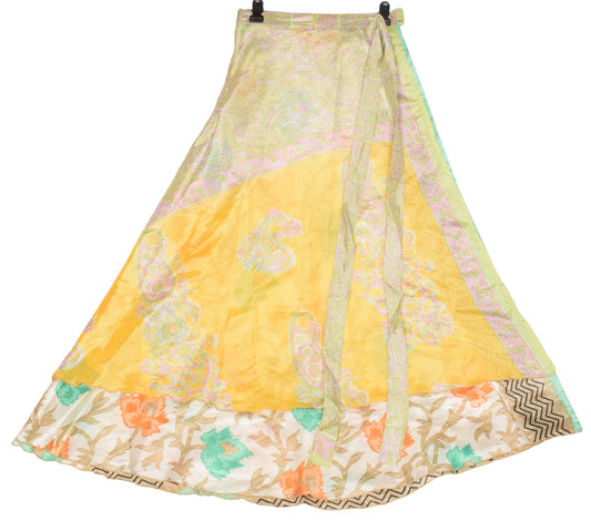 Sushila Vintage Yellow Art Silk Saree Magic Wrap Reversible Skirt Beach Dress Boho