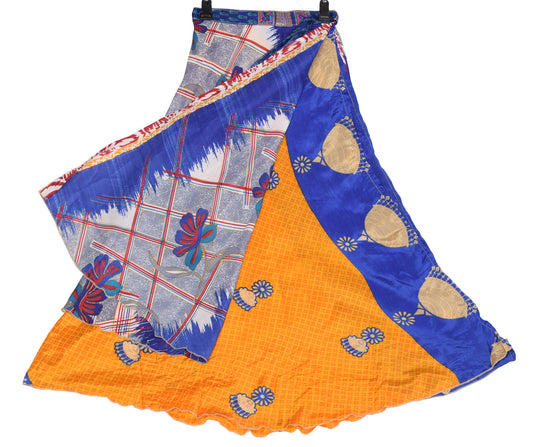 Sushila Vintage Art Silk Saree Magic Wrap Reversible Skirt Beach Dress Blue Yellow