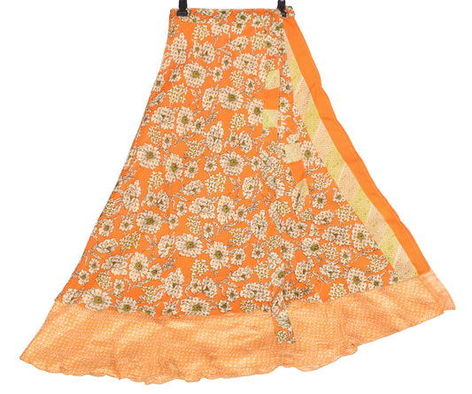 Sushila Vintage Art Silk Saree Magic Wrap Floral Orange Reversible Skirt  Dress