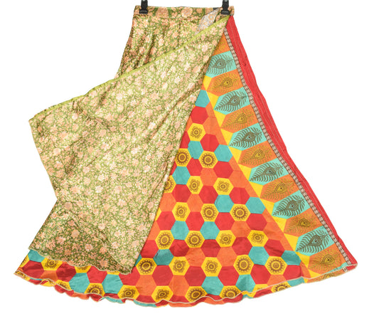 Sushila Vintage Green Art Silk Saree Magic Wrap Reversible Skirt Beach Dress