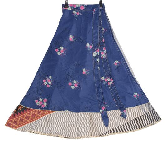 Sushila Vintage Art Silk Saree Magic Wrap Reversible Skirt Floral Blue Dress