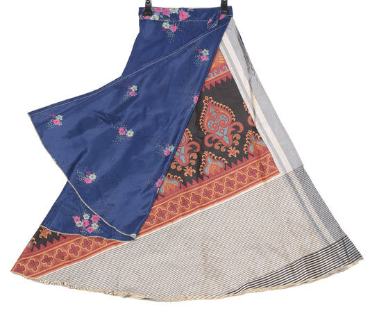 Sushila Vintage Art Silk Saree Magic Wrap Reversible Skirt Floral Blue Dress