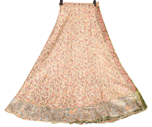 Sushila Vintage Art Silk Saree Magic Wrap Reversible Skirt Beige Floral Dress
