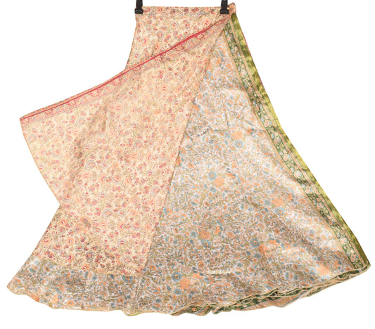 Sushila Vintage Art Silk Saree Magic Wrap Reversible Skirt Beige Floral Dress