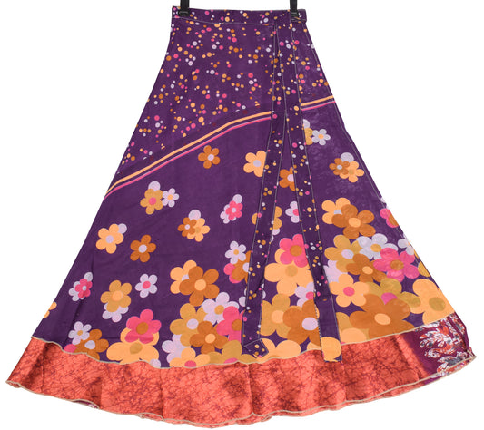 Sushila Vintage Art Silk Saree Magic Wrap Reversible Floral Purple Skirt Dress