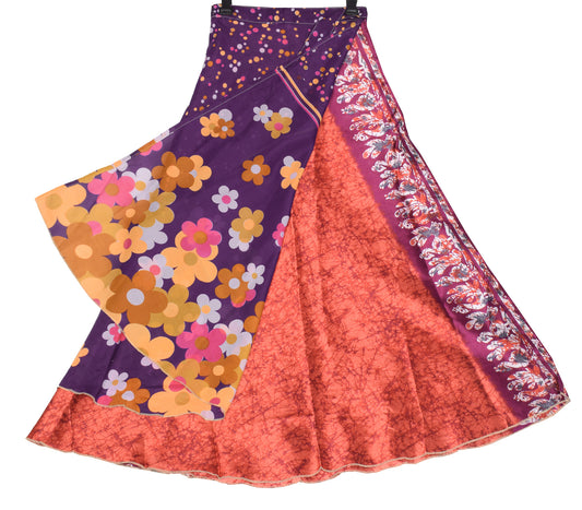 Sushila Vintage Art Silk Saree Magic Wrap Reversible Floral Purple Skirt Dress