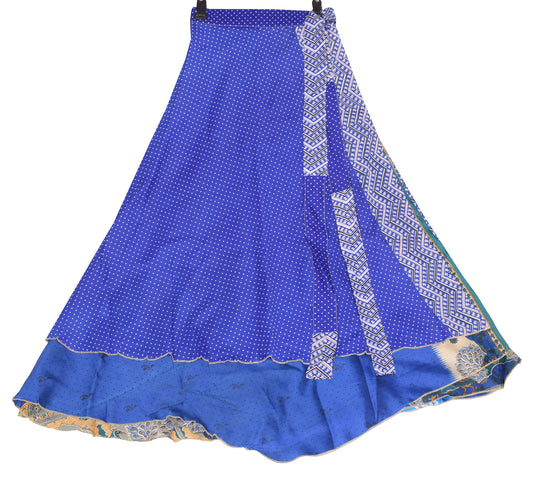Sushila Vintage Blue Art Silk Saree Magic Wrap Reversible Dots Skirt Beach Dress