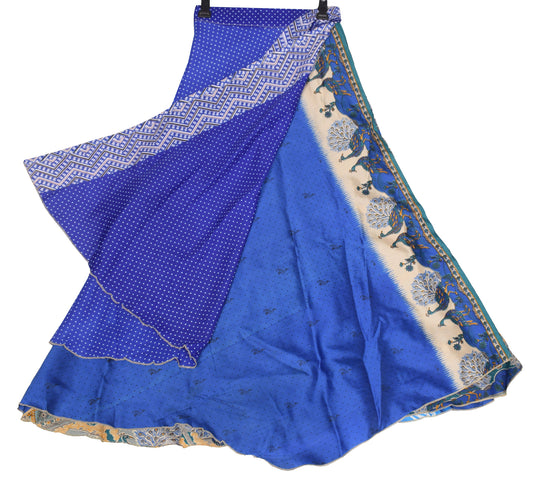 Sushila Vintage Blue Art Silk Saree Magic Wrap Reversible Dots Skirt Beach Dress