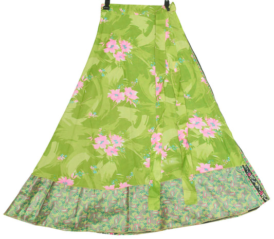 Sushila Vintage Art Silk Saree Magic Wrap Reversible Skirt Beach Dress Green Floral