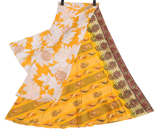 Sushila Vintage Yellow Art Silk Saree Magic Wrap Reversible Skirt Beach Dress Printed