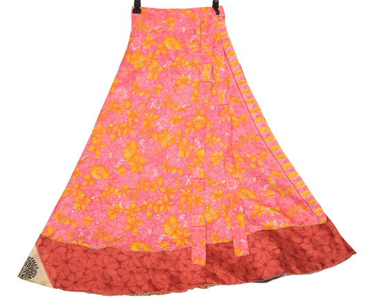 Sushila Vintage Pink Art Silk Saree Magic Wrap Floral Reversible Skirt Dress
