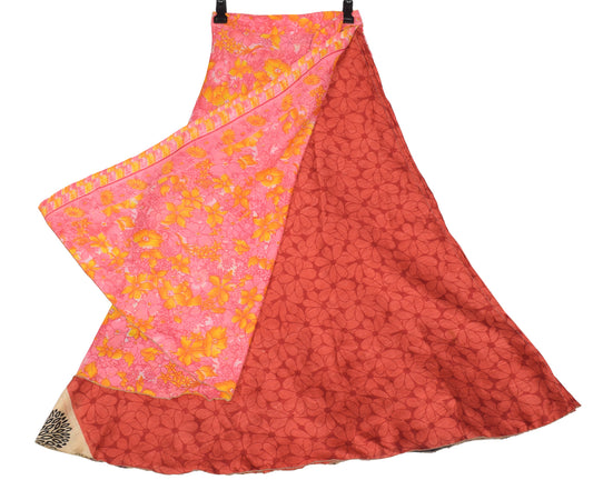 Sushila Vintage Pink Art Silk Saree Magic Wrap Floral Reversible Skirt Dress