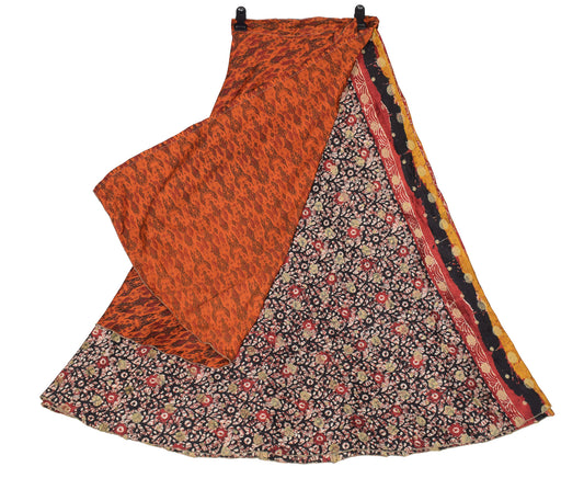 Sushila Vintage Saree Magic Wrap Floral Black Art Silk Reversible Skirt Beach Dress