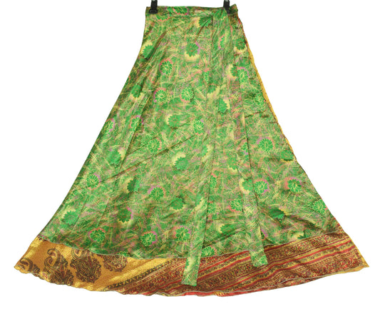 Sushila Vintage Art Silk Saree Magic Wrap Reversible Skirt Floral Green Dress