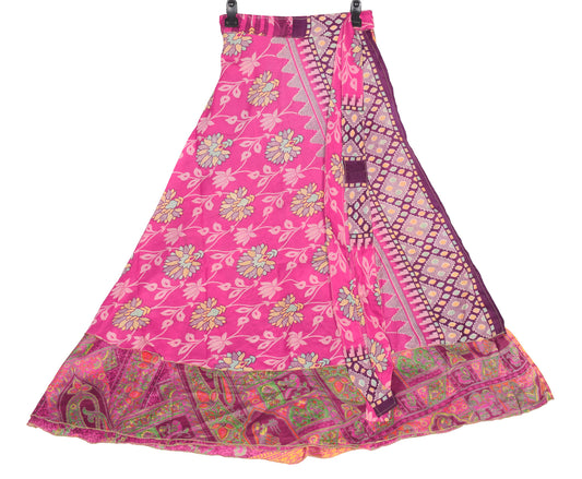 Sushila Vintage Art Silk Saree Magic Wrap Reversible Skirt Magenta Beach Dress