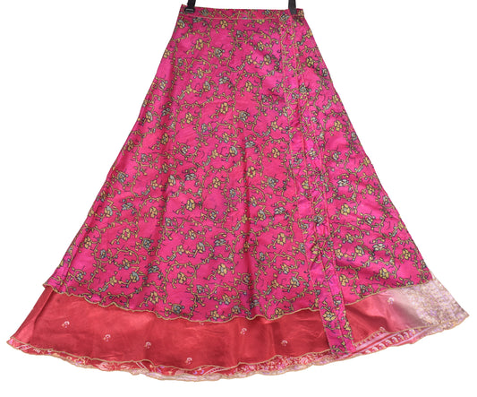 Sushila Vintage Art Silk Saree Magic Wrap Reversible Skirt Beach Dress Magenta