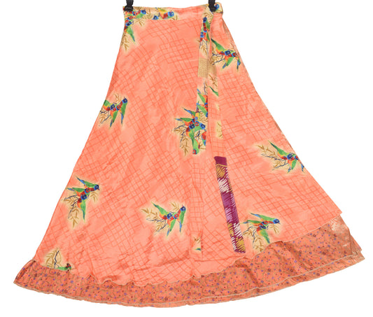 Sushila Vintage Art Silk Saree Magic Wrap Reversible Skirt Peach Birds Dress