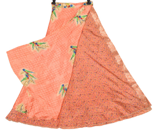 Sushila Vintage Art Silk Saree Magic Wrap Reversible Skirt Peach Birds Dress