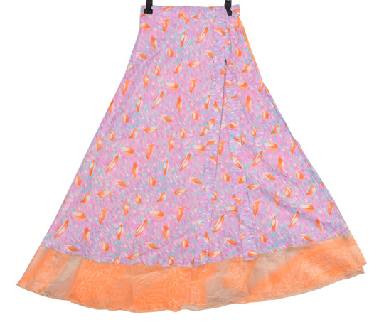 Sushila Vintage Art Silk Saree Magic Wrap Reversible Purple Orange Skirt Dress