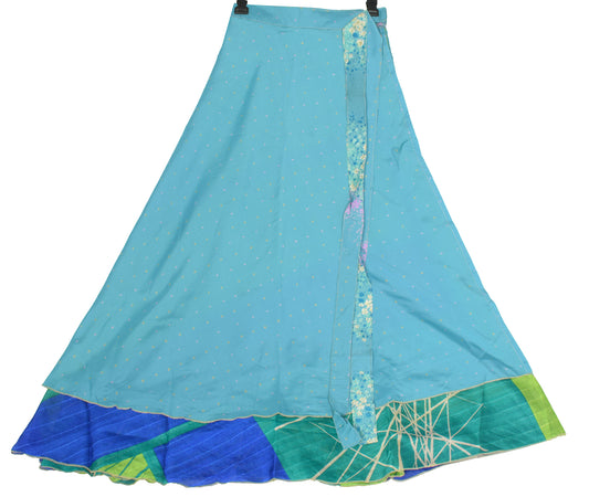 Sushila Vintage Magic Wrap Reversible Aqua Blue Art Silk Saree Skirt Beach Dress