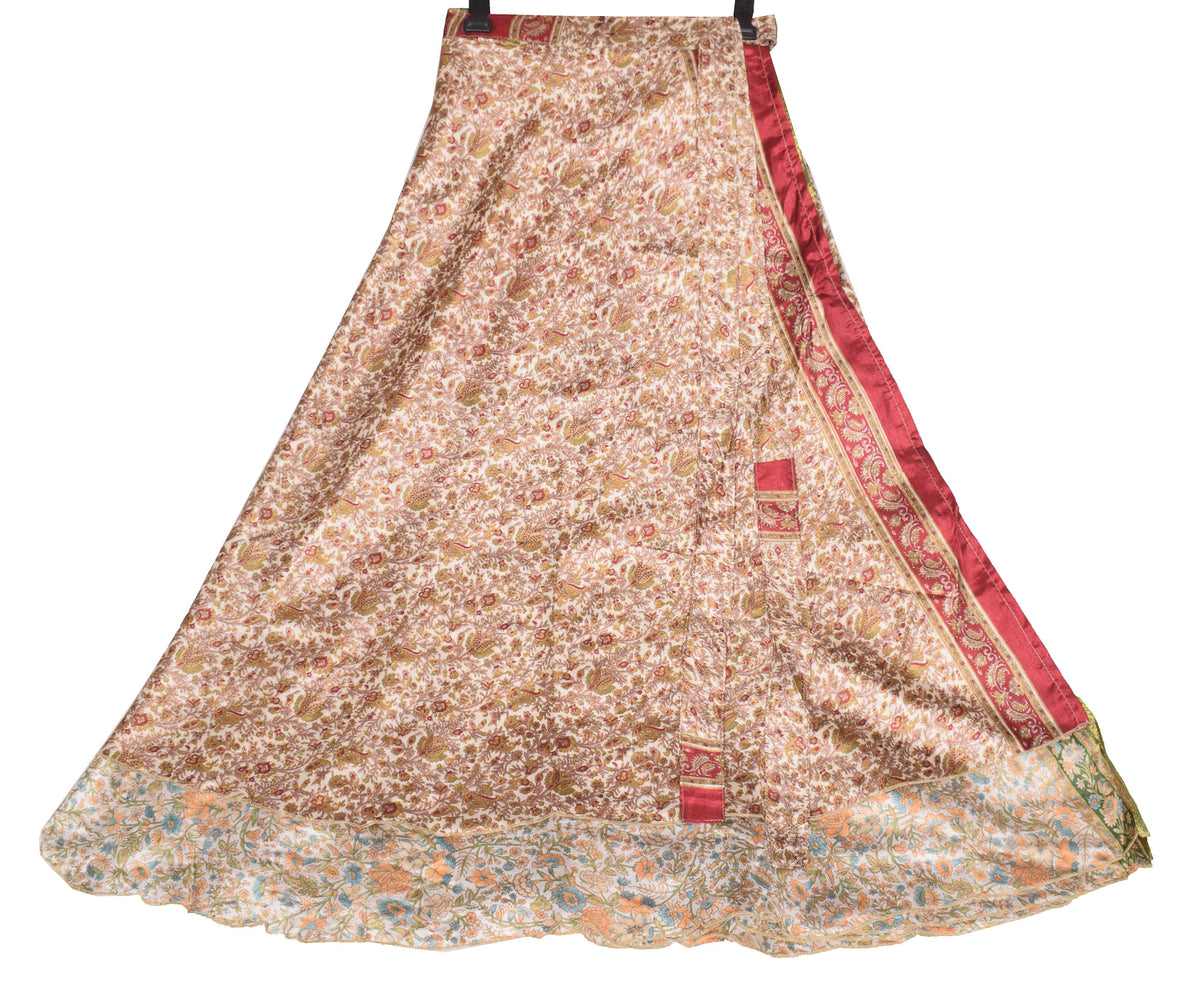 Sushila Vintage Cream Magic Wrap Art Silk Saree Reversible Skirt Beach Dress