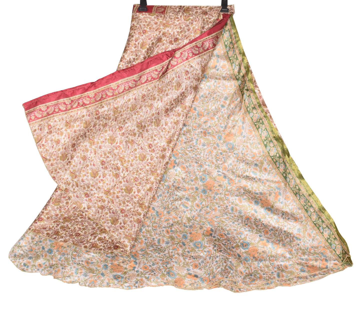 Sushila Vintage Cream Magic Wrap Art Silk Saree Reversible Skirt Beach Dress