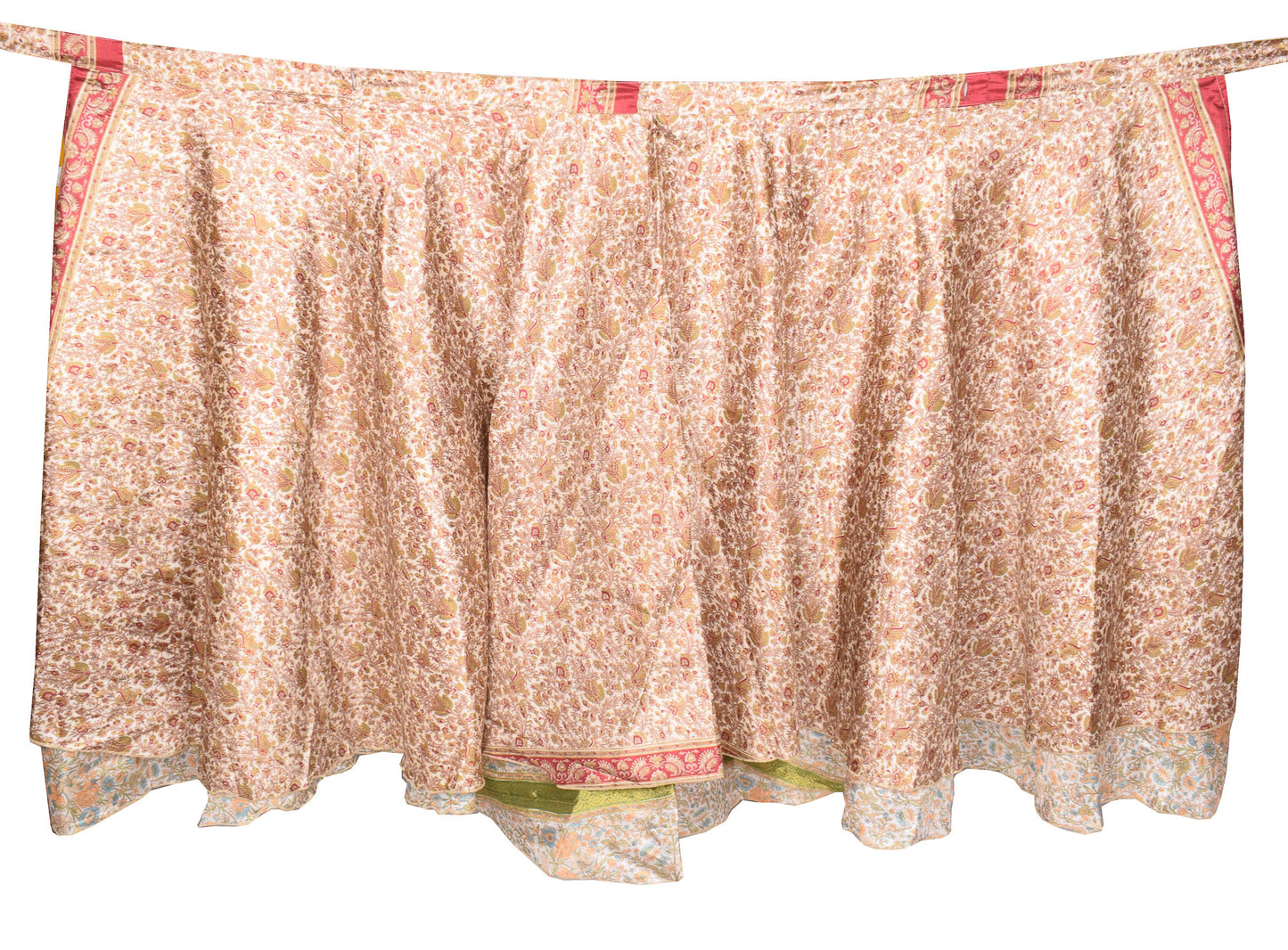 Sushila Vintage Cream Magic Wrap Art Silk Saree Reversible Skirt Beach Dress