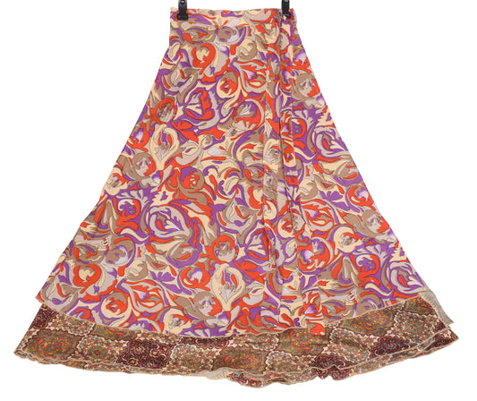 Sushila Vintage Art Silk Saree Magic Wrap Multi-Color Reversible Skirt Beach Dress