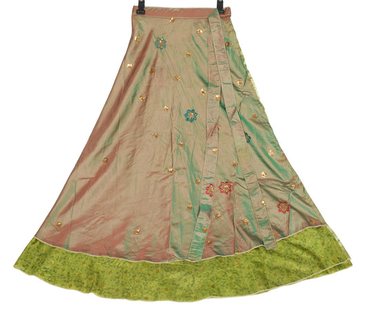 Sushila Vintage Art Silk Saree Magic Wrap Reversible Skirt Beach Dress Floral Green