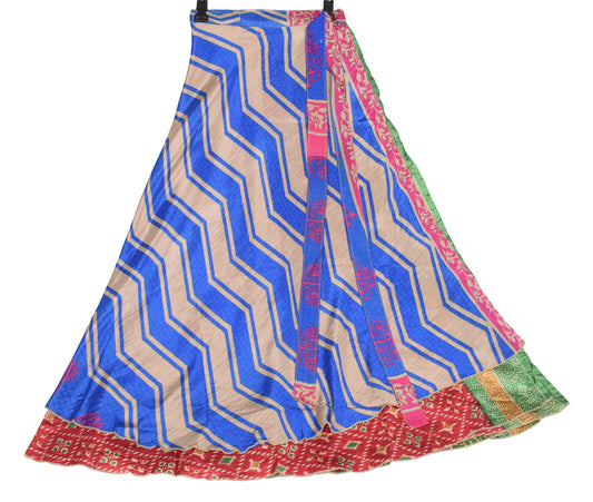 Sushila Vintage Art Silk Saree Magic Wrap Reversible Blue Skirt Beach Dress