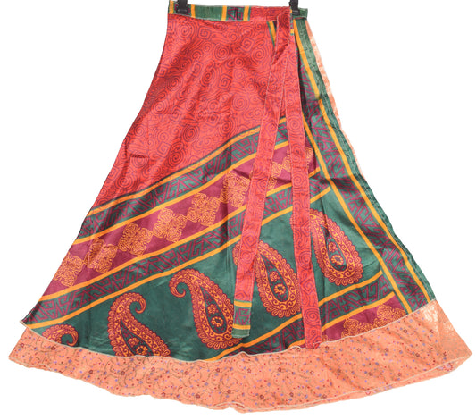 Sushila Vintage Art Silk Saree Magic Wrap Floral Reversible Skirt Peach Dress