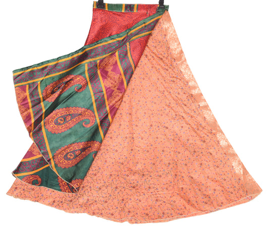 Sushila Vintage Art Silk Saree Magic Wrap Floral Reversible Skirt Peach Dress