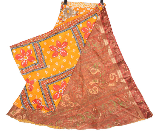 Sushila Vintage Brown Art Silk Saree Magic Wrap Reversible Skirt Beach Dress Boho