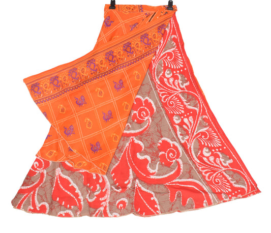Sushila Vintage Orange Saree Magic Wrap Reversible Skirt  Art Silk  Birds Beach Dress