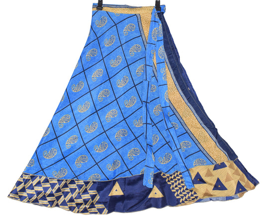 Sushila Vintage Blue Magic Wrap Art Silk Saree Reversible Skirt Beach Dress