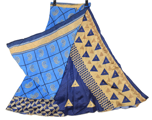 Sushila Vintage Blue Magic Wrap Art Silk Saree Reversible Skirt Beach Dress