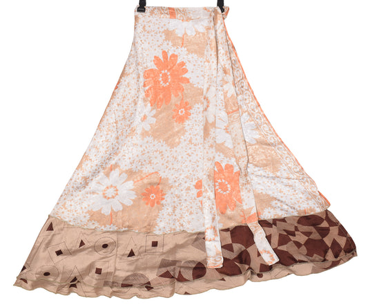 Sushila Vintage Art Silk Saree Magic Wrap Reversible Skirt Beach Dress White