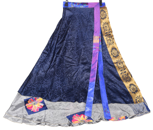 Sushila Vintage Art Silk Saree Magic Wrap Reversible Skirt Beach Dress Blue Gray