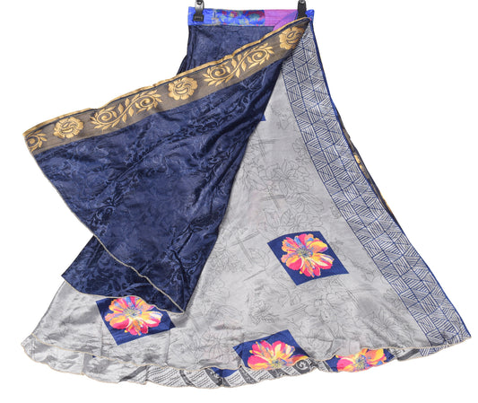 Sushila Vintage Art Silk Saree Magic Wrap Reversible Skirt Beach Dress Blue Gray