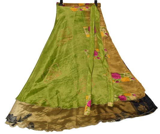 Sushila Vintage Art Silk Saree Magic Wrap Reversible Skirt Beach Dress Green