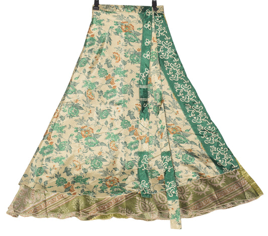 Sushila Vintage Art Silk Saree Magic Wrap Reversible Skirt Beach Dress Beige