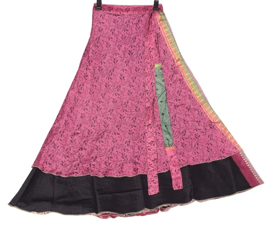 Sushila Vintage Black Art Silk Saree Magic Wrap Reversible Skirt Beach Dress Boho