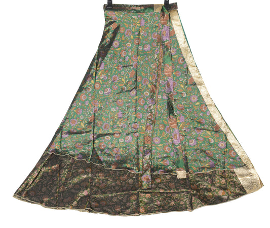 Sushila Vintage Art Silk Saree Magic Wrap Reversible Skirt Beach Dress Floral Green