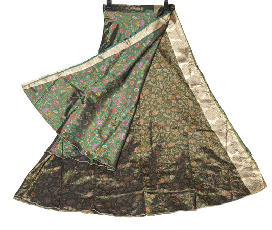 Sushila Vintage Art Silk Saree Magic Wrap Reversible Skirt Beach Dress Floral Green