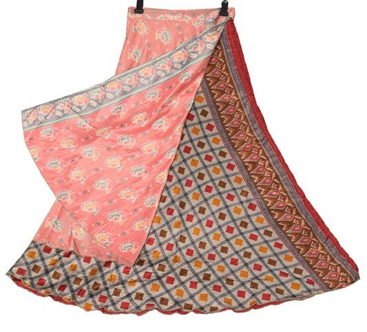 Sushila Vintage Art Silk Saree Magic Wrap Reversible Skirt Geometrical Beach Dress