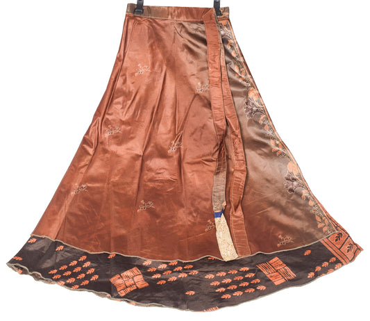 Sushila Vintage Brown Art Silk Saree Magic Wrap Reversible Skirt Beach Dress Boho