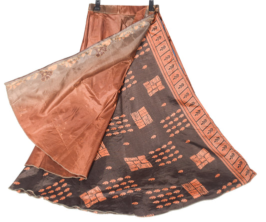 Sushila Vintage Brown Art Silk Saree Magic Wrap Reversible Skirt Beach Dress Boho