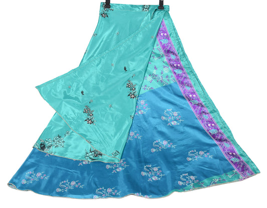 Sushila Vintage Art Silk Saree Magic Wrap Reversible Skirt Beach Dress Green Blue