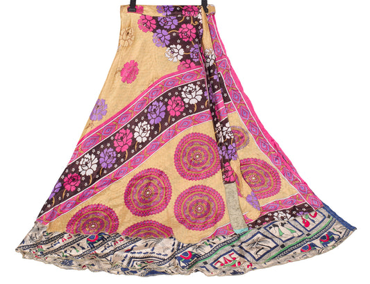 Sushila Vintage Art Silk Saree Magic Wrap Beige Reversible Skirt Beach Dress
